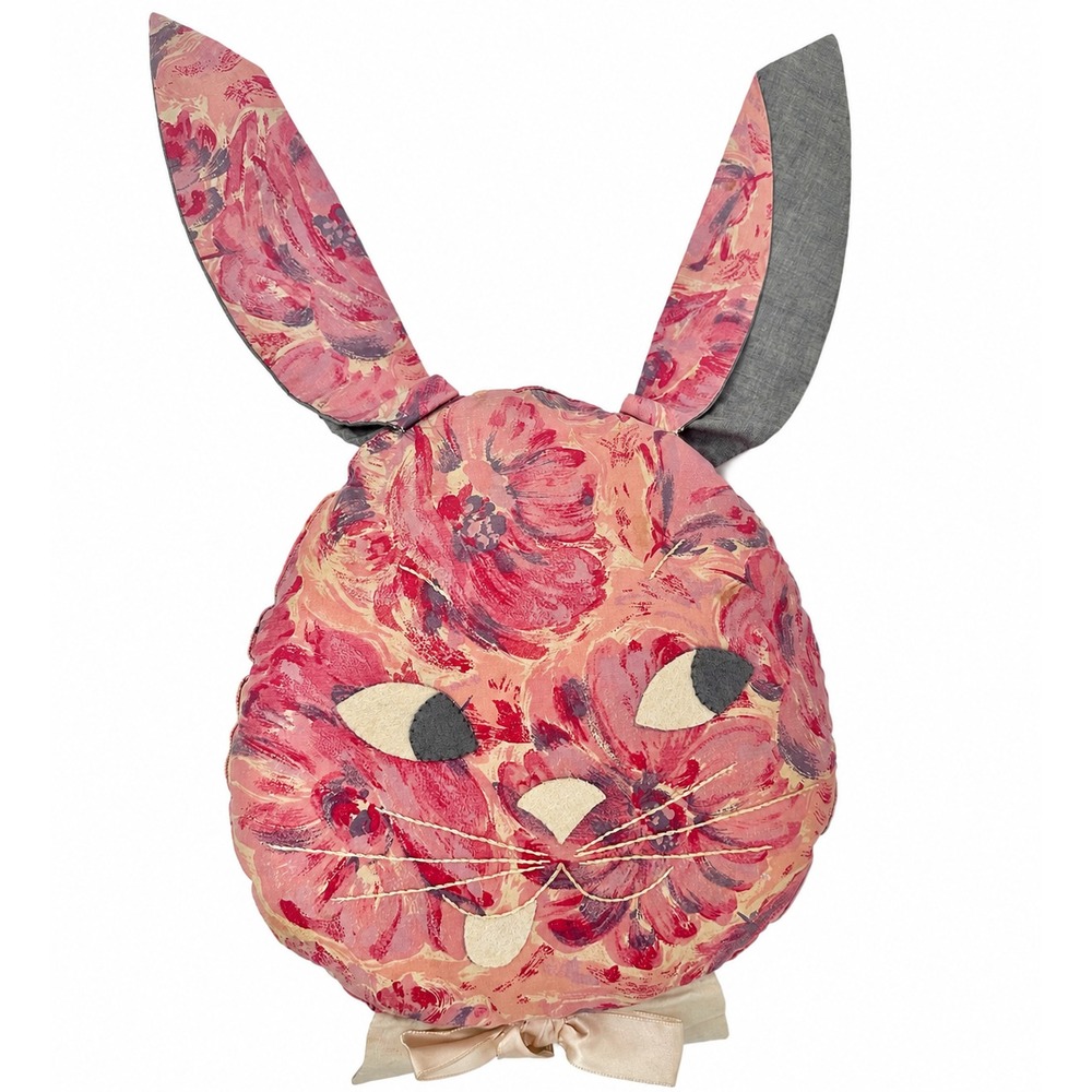 Vintage Hand Made Floral Bunny Rabbit  Head Pillow Embroidered Nursery Folk Art